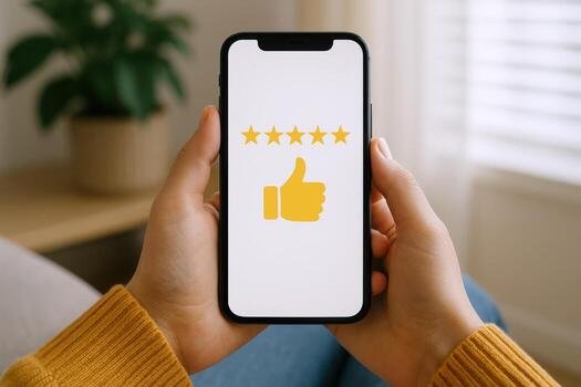 70577788 positivo conectados comentarios pessoa segurando smartphone com 5 estrelas avaliacao e polegares acima foto